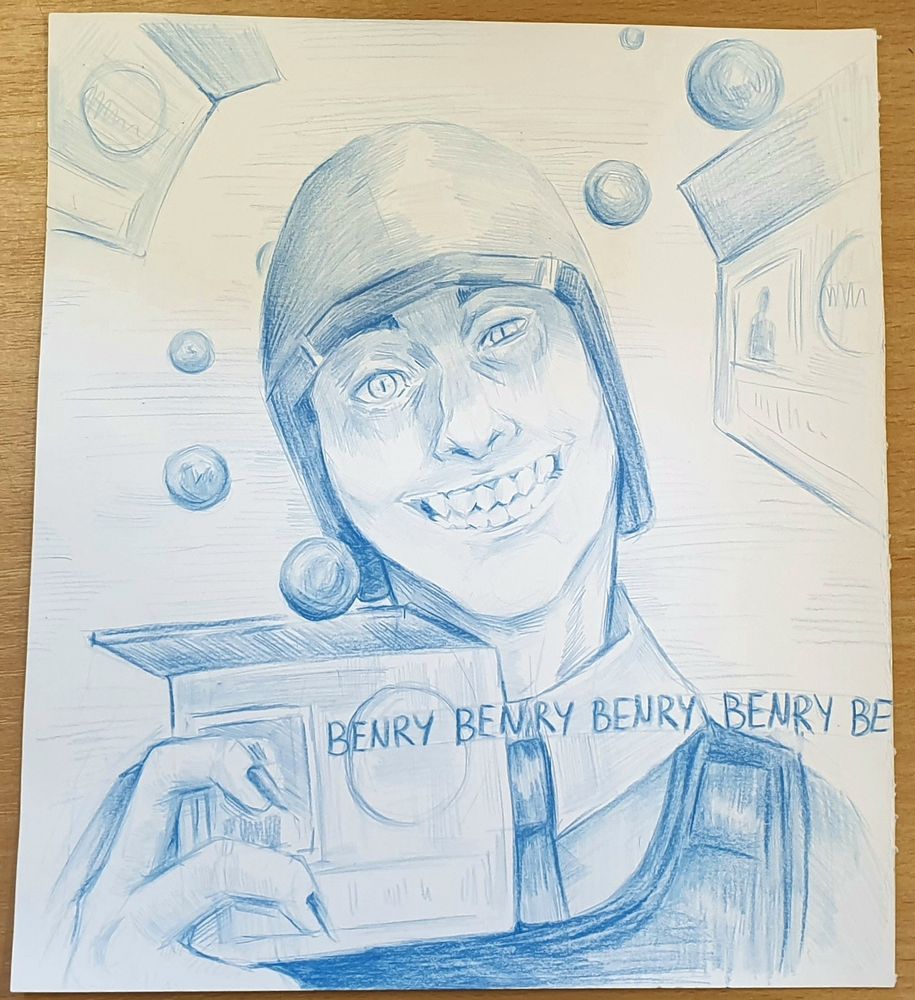 A portret of Benry from HLVRAI. He is smiling. 

I used a blue pencil.

He is holding his passport in hand, and two other passports and Black Messa Sweet Voice are floating around him 