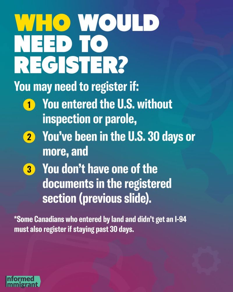 WHO WOULD NEED TO REGISTER?
You may need to register if:
1 You entered the U.S. without inspection or parole,
2 You've been in the U.S. 30 days or more, and
3 You don't have one of the documents in the registered section (previous slide).
*Some Canadians who entered by land and didn't get an I-94 must also register if staying past 30 days.