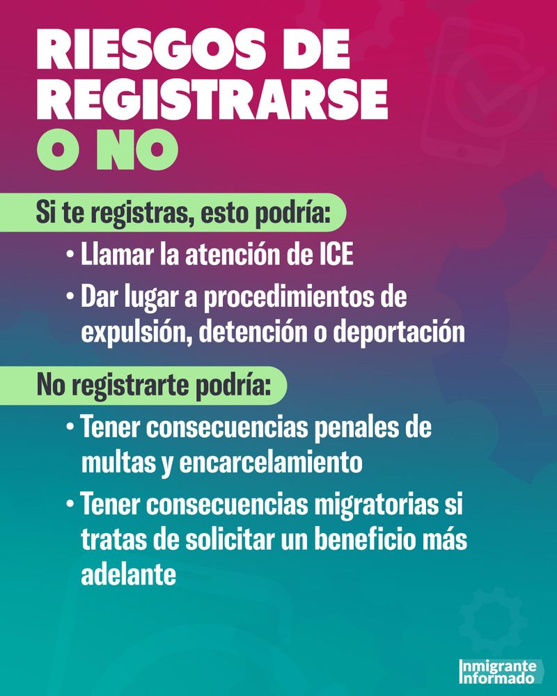 RIESGOS DE REGISTRARSE O NO
Si te registras, esto podría:
• Llamar la atención de ICE
• Dar lugar a procedimientos de expulsión, detención o deportación
No registrarte podría:
• Tener consecuencias penales de multas y encarcelamiento
• Tener consecuencias migratorias si tratas de solicitar un beneficio más adelante
