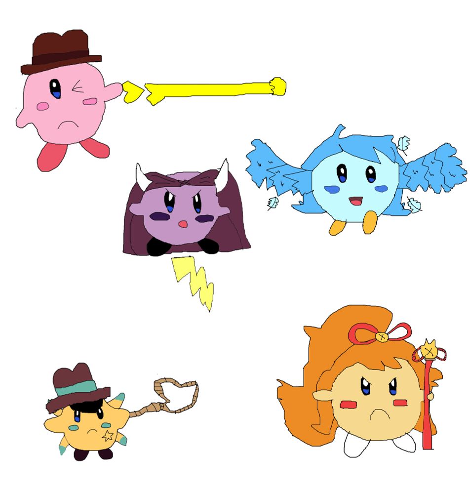 Kirby from the eponymous franchise, having copies the abilities (and color palettes of everyone except Clover) of Clover, Dalv, Martlet, Starlo and Ceroba of Undertale Yellow. In particular, he has Clover's hat and ability to shoot beams from their SOUL, Dalv's cape, horns, and electricuty magic, Martlet's hair and wings, Starlo's hat, "points", star-shaped badge and lasso, and Ceroba's hair, ribbon and staff.