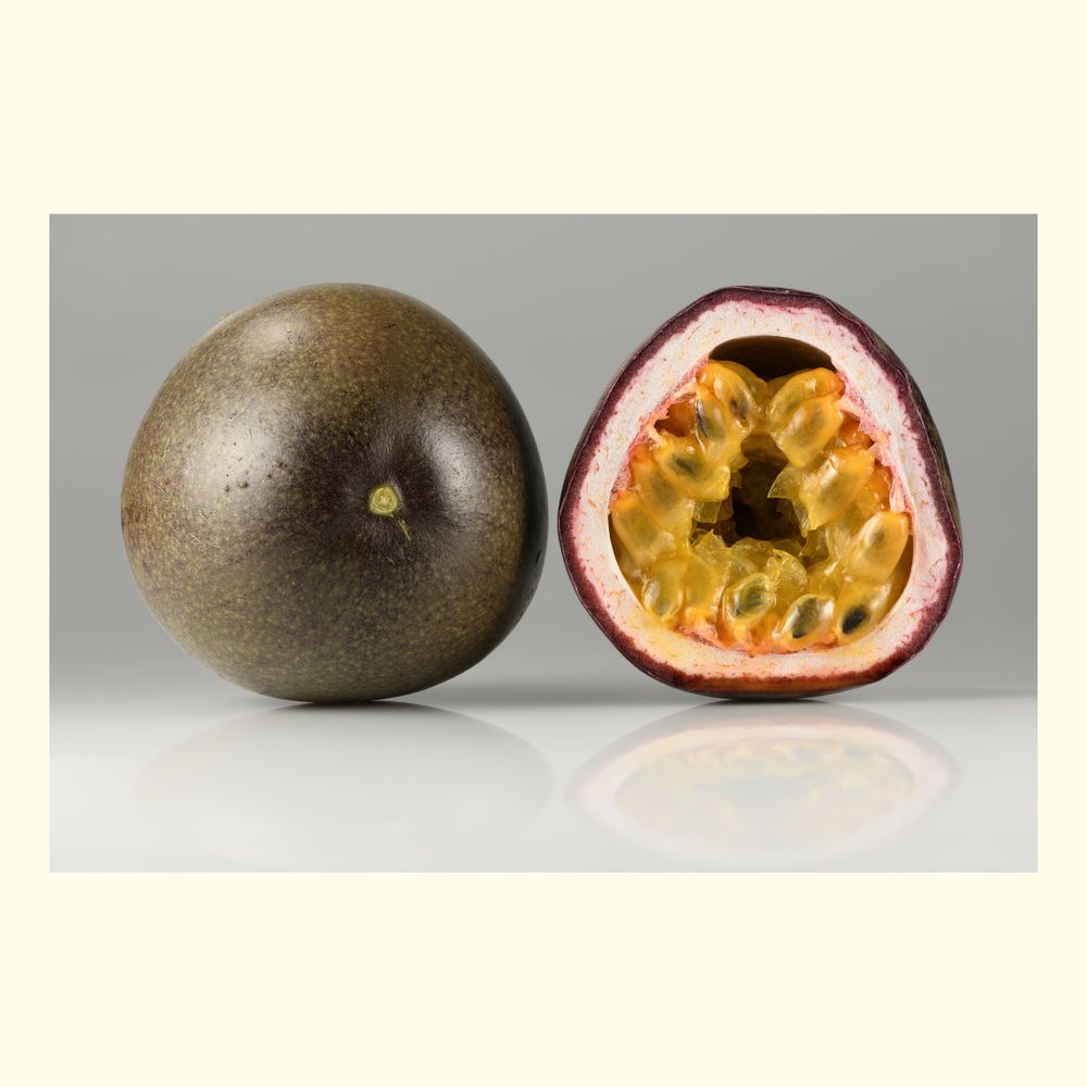 The passion fruit is the fruit of a number of plants in the genus Passiflora. They are round or oval, and range from a width of 1.5 to 3 inches (3.8 to 7.6 centimetres). The fruits have a juicy, edible center composed of a large number of seeds. 