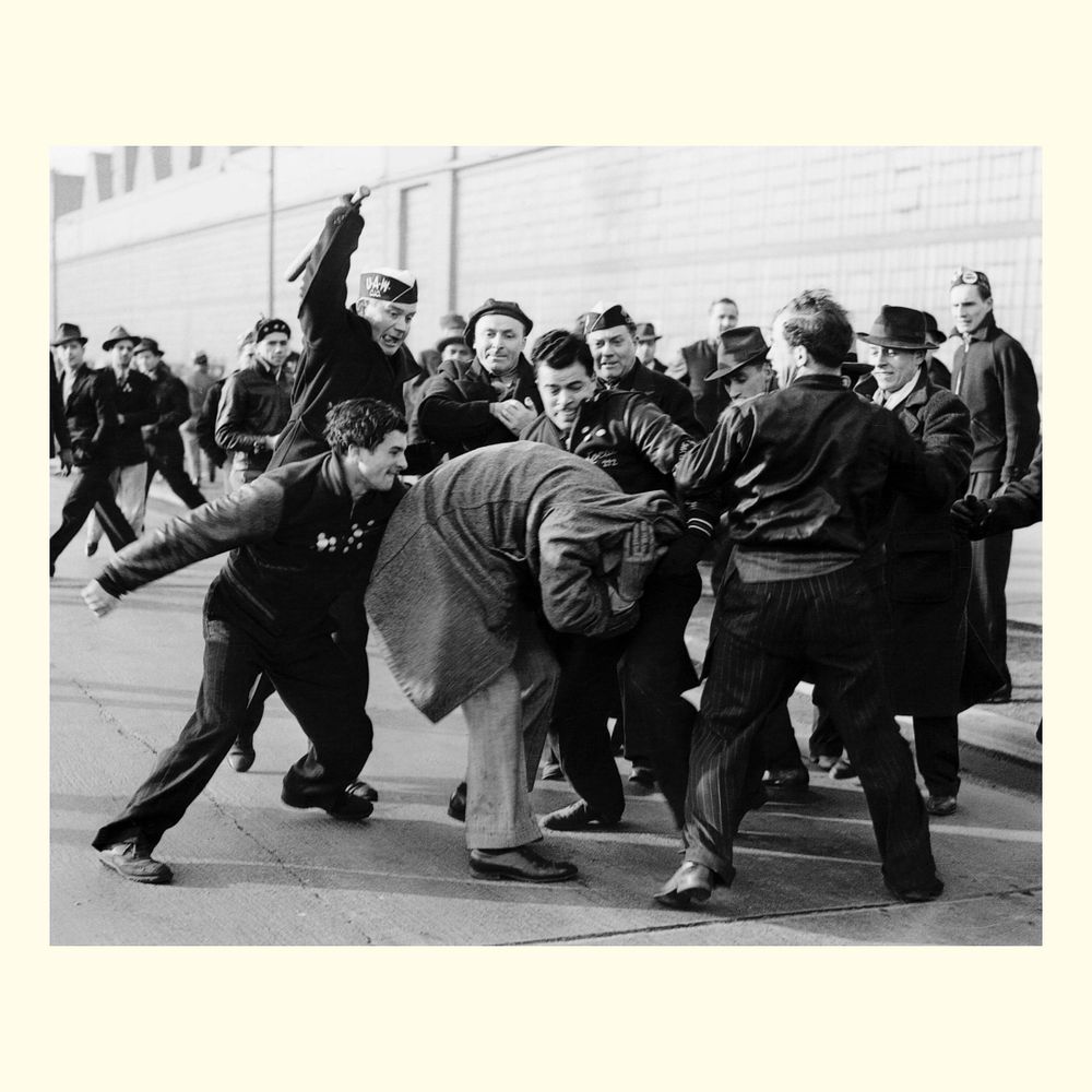 Ford Strikers Riot is a 1941 photograph that shows an American strikebreaker getting beaten by United Auto Workers (UAW) strikers who were picketing at the Ford Motor Company's Rouge Plant in Dearborn, Michigan. 
