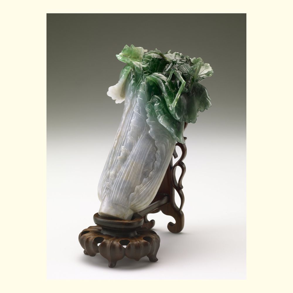 The Jadeite Cabbage, also known as Jadeite Cabbage with Insects, is a piece of jadeite carved into the shape of a head of Chinese cabbage, with a locust and a katydid camouflaged in the leaves. 