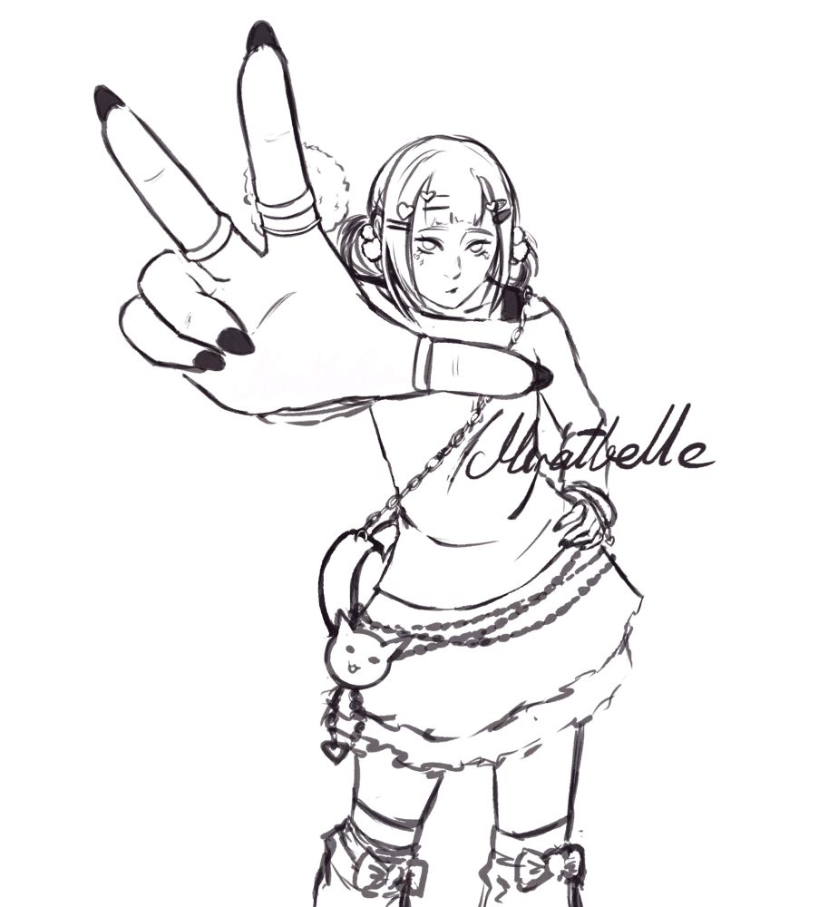 A black and white sketch of a girl wearing a 
gyaru style inspired outfit
