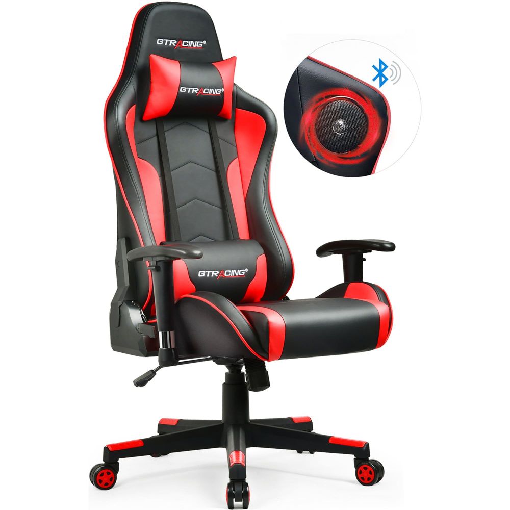 Product image of red and black GTARacing brand rolling gamer chair.