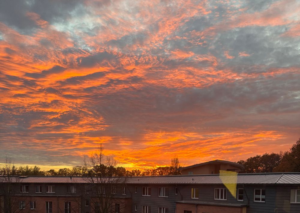 Auf dem Bild ist ein beeindruckender Sonnenuntergang über einer Häuserzeile zu sehen.

Der Himmel dominiert die Aufnahme und zeigt ein spektakuläres Farbspiel aus leuchtendem Orange, Rot und Gelb, das in grau-bläuliche Wolken übergeht. Die dichten Wolken sind von der tief stehenden Sonne von unten angestrahlt und erzeugen ein dramatisches, fast feuriges Muster am Himmel.

Im unteren Teil des Bildes sind die Dächer und Fenster mehrerer Wohnhäuser zu sehen, deren Fassaden in der warmen Abendsonne leicht rötlich schimmern. Im Hintergrund erkennt man die Silhouetten von Bäumen, deren Blätter im Gegenlicht dunkel erscheinen.

Insgesamt vermittelt das Foto eine ruhige, aber zugleich eindrucksvolle Abendstimmung mit intensiven Farben und einem faszinierenden Himmel.