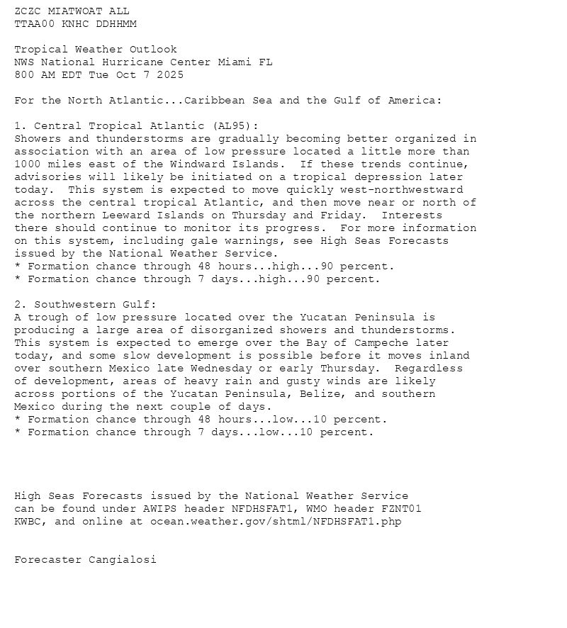 
ZCZC MIATWOAT ALL<br>TTAA00 KNHC DDHHMM<br><br>Tropical Weather Outlook<br>NWS National Hurricane Center Miami FL<br>800 AM EDT Tue Oct 7 2025<br><br>For the North Atlantic...Caribbean Sea and the Gulf of America:<br><br>1. Central Tropical Atlantic (AL95):<br>Showers and thunderstorms are gradually becoming better organized in <br>association with an area of low pressure located a little more than <br>1000 miles east of the Windward Islands.  If these trends continue, <br>advisories will likely be initiated on a tropical depression later <br>today.  This system is expected to move quickly west-northwestward <br>across the central tropical Atlantic, and then move near or north of <br>the northern Leeward Islands on Thursday and Friday.  Interests <br>there should continue to monitor its progress.  For more information <br>on this system, including gale warnings, see High Seas Forecasts <br>issued by the National Weather Service.<br>* Formation chance through 48 hours...high...90 percent.<br>* Formation chance through 7 days...high...90 percent.<br><br>2. Southwestern Gulf:<br>A trough of low pressure located over the Yucatan Peninsula is <br>producing a large area of disorganized showers and thunderstorms. <br>This system is expected to emerge over the Bay of Campeche later <br>today, and some slow development is possible before it moves inland <br>over southern Mexico late Wednesday or early Thursday.  Regardless <br>of development, areas of heavy rain and gusty winds are likely <br>across portions of the Yucatan Peninsula, Belize, and southern <br>Mexico during the next couple of days.<br>* Formation chance through 48 hours...low...10 percent.<br>* Formation chance through 7 days...low...10 percent.<br><br><br><br><br>High Seas Forecasts issued by the National Weather Service<br>can be found under AWIPS header NFDHSFAT1, WMO header FZNT01 <br>KWBC, and online at ocean.weather.gov/shtml/NFDHSFAT1.php<br><br><br>Forecaster Cangialosi<br><br><br>

