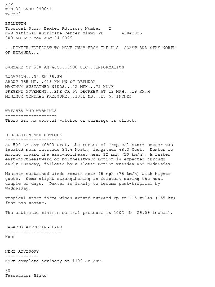
        272 WTNT34 KNHC 040841TCPAT4 BULLETINTropical Storm Dexter Advisory Number   2NWS National Hurricane Center Miami FL       AL042025500 AM AST Mon Aug 04 2025 ...DEXTER FORECAST TO MOVE AWAY FROM THE U.S. COAST AND STAY NORTH OF BERMUDA...  SUMMARY OF 500 AM AST...0900 UTC...INFORMATION----------------------------------------------LOCATION...34.6N 68.3WABOUT 255 MI...415 KM NW OF BERMUDAMAXIMUM SUSTAINED WINDS...45 MPH...75 KM/HPRESENT MOVEMENT...ENE OR 65 DEGREES AT 12 MPH...19 KM/HMINIMUM CENTRAL PRESSURE...1002 MB...29.59 INCHES  WATCHES AND WARNINGS--------------------There are no coastal watches or warnings in effect.  DISCUSSION AND OUTLOOK----------------------At 500 AM AST (0900 UTC), the center of Tropical Storm Dexter waslocated near latitude 34.6 North, longitude 68.3 West.  Dexter ismoving toward the east-northeast near 12 mph (19 km/h). A fastereast-northeastward or northeastward motion is expected throughearly Tuesday, followed by a slower motion Tuesday and Wednesday. Maximum sustained winds remain near 45 mph (75 km/h) with higher gusts.  Some slight strengthening is forecast during the next couple of days.  Dexter is likely to become post-tropical by Wednesday. Tropical-storm-force winds extend outward up to 115 miles (185 km)from the center. The estimated minimum central pressure is 1002 mb (29.59 inches).  HAZARDS AFFECTING LAND----------------------None  NEXT ADVISORY-------------Next complete advisory at 1100 AM AST. $$Forecaster Blake
      