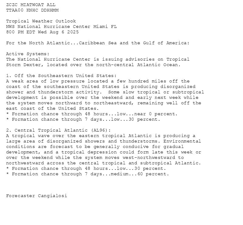 
ZCZC MIATWOAT ALL<br>TTAA00 KNHC DDHHMM<br><br>Tropical Weather Outlook<br>NWS National Hurricane Center Miami FL<br>800 PM EDT Wed Aug 6 2025<br><br>For the North Atlantic...Caribbean Sea and the Gulf of America:<br><br>Active Systems:<br>The National Hurricane Center is issuing advisories on Tropical <br>Storm Dexter, located over the north-central Atlantic Ocean.<br><br>1. Off the Southeastern United States:<br>A weak area of low pressure located a few hundred miles off the <br>coast of the southeastern United States is producing disorganized <br>shower and thunderstorm activity.  Some slow tropical or subtropical <br>development is possible over the weekend and early next week while <br>the system moves northward to northeastward, remaining well off the <br>east coast of the United States.<br>* Formation chance through 48 hours...low...near 0 percent.<br>* Formation chance through 7 days...low...30 percent.<br><br>2. Central Tropical Atlantic (AL96):<br>A tropical wave over the eastern tropical Atlantic is producing a <br>large area of disorganized showers and thunderstorms. Environmental <br>conditions are forecast to be generally conducive for gradual <br>development, and a tropical depression could form late this week or <br>over the weekend while the system moves west-northwestward to <br>northwestward across the central tropical and subtropical Atlantic.<br>* Formation chance through 48 hours...low...30 percent.<br>* Formation chance through 7 days...medium...60 percent.<br><br><br><br>Forecaster Cangialosi<br><br><br>

