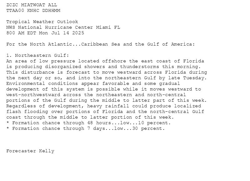 
ZCZC MIATWOAT ALL<br>TTAA00 KNHC DDHHMM<br><br>Tropical Weather Outlook<br>NWS National Hurricane Center Miami FL<br>800 AM EDT Mon Jul 14 2025<br><br>For the North Atlantic...Caribbean Sea and the Gulf of America:<br><br>1. Northeastern Gulf:<br>An area of low pressure located offshore the east coast of Florida <br>is producing disorganized showers and thunderstorms this morning.  <br>This disturbance is forecast to move westward across Florida during <br>the next day or so, and into the northeastern Gulf by late Tuesday. <br>Environmental conditions appear favorable and some gradual <br>development of this system is possible while it moves westward to <br>west-northwestward across the northeastern and north-central <br>portions of the Gulf during the middle to latter part of this week.  <br>Regardless of development, heavy rainfall could produce localized <br>flash flooding over portions of Florida and the north-central Gulf <br>coast through the middle to latter portion of this week.<br>* Formation chance through 48 hours...low...10 percent.<br>* Formation chance through 7 days...low...30 percent.<br><br><br><br>Forecaster Kelly<br><br><br>

