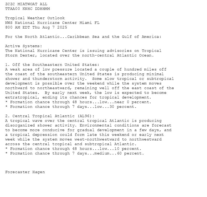 
ZCZC MIATWOAT ALL<br>TTAA00 KNHC DDHHMM<br><br>Tropical Weather Outlook<br>NWS National Hurricane Center Miami FL<br>800 AM EDT Thu Aug 7 2025<br><br>For the North Atlantic...Caribbean Sea and the Gulf of America:<br><br>Active Systems:<br>The National Hurricane Center is issuing advisories on Tropical <br>Storm Dexter, located over the north-central Atlantic Ocean.<br><br>1. Off the Southeastern United States:<br>A weak area of low pressure located a couple of hundred miles off <br>the coast of the southeastern United States is producing minimal <br>shower and thunderstorm activity.  Some slow tropical or subtropical <br>development is possible over the weekend while the system moves <br>northward to northeastward, remaining well off the east coast of the <br>United States.  By early next week, the low is expected to become <br>extratropical, ending its chances for tropical development.<br>* Formation chance through 48 hours...low...near 0 percent.<br>* Formation chance through 7 days...low...30 percent.<br><br>2. Central Tropical Atlantic (AL96):<br>A tropical wave over the central tropical Atlantic is producing <br>disorganized shower activity. Environmental conditions are forecast <br>to become more conducive for gradual development in a few days, and <br>a tropical depression could form late this weekend or early next <br>week while the system moves west-northwestward to northwestward <br>across the central tropical and subtropical Atlantic.<br>* Formation chance through 48 hours...low...10 percent.<br>* Formation chance through 7 days...medium...60 percent.<br><br><br><br>Forecaster Hagen<br><br><br>

