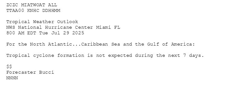 
ZCZC MIATWOAT ALL<br>TTAA00 KNHC DDHHMM<br><br>Tropical Weather Outlook<br>NWS National Hurricane Center Miami FL<br>800 AM EDT Tue Jul 29 2025<br><br>For the North Atlantic...Caribbean Sea and the Gulf of America:<br><br>Tropical cyclone formation is not expected during the next 7 days.<br><br>$$<br>Forecaster Bucci<br>NNNN<br><br><br>

