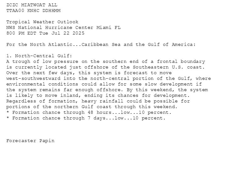 
ZCZC MIATWOAT ALL<br>TTAA00 KNHC DDHHMM<br><br>Tropical Weather Outlook<br>NWS National Hurricane Center Miami FL<br>800 PM EDT Tue Jul 22 2025<br><br>For the North Atlantic...Caribbean Sea and the Gulf of America:<br><br>1. North-Central Gulf:<br>A trough of low pressure on the southern end of a frontal boundary <br>is currently located just offshore of the Southeastern U.S. coast. <br>Over the next few days, this system is forecast to move <br>west-southwestward into the north-central portion of the Gulf, where <br>environmental conditions could allow for some slow development if <br>the system remains far enough offshore. By this weekend, the system <br>is likely to move inland, ending its chances for development. <br>Regardless of formation, heavy rainfall could be possible for <br>portions of the northern Gulf coast through this weekend.<br>* Formation chance through 48 hours...low...10 percent.<br>* Formation chance through 7 days...low...10 percent.<br><br><br><br>Forecaster Papin<br><br><br>

