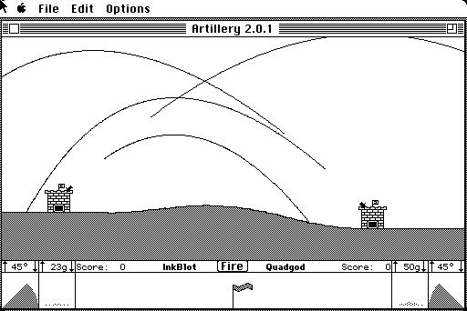 screenshot of Artillery Duel 2.0.1 for the Apple Macintosh. it's in black and white. 