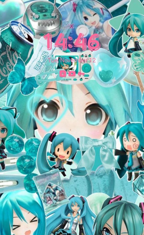 A lock screen with several images of Hatsune Miku, including figures, Project Diva and MMD models and some teal-colored items, such as a teal-colored can of Coca-Cola. 