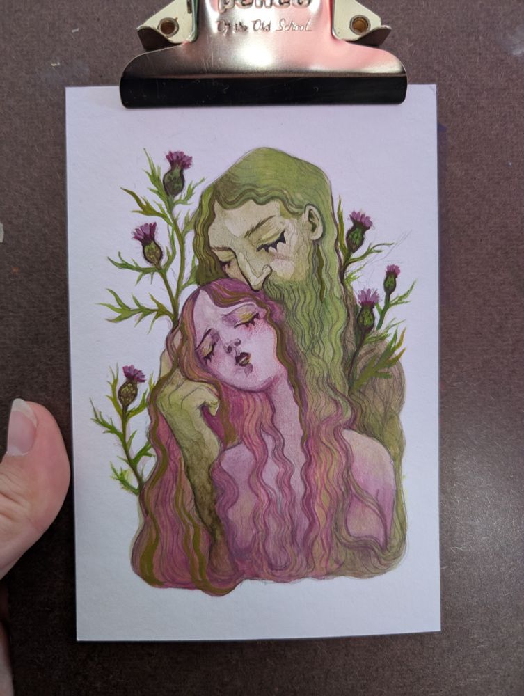 Watercolour painting of a couple in an embrace surrounded by thistles.