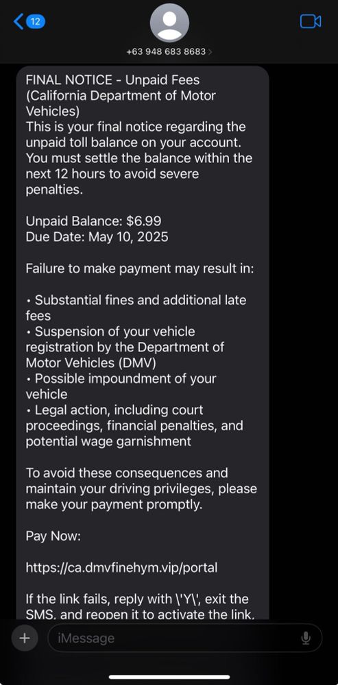 Spam text about unpaid vehicle tolls, from a phone number from the Philippines. 
