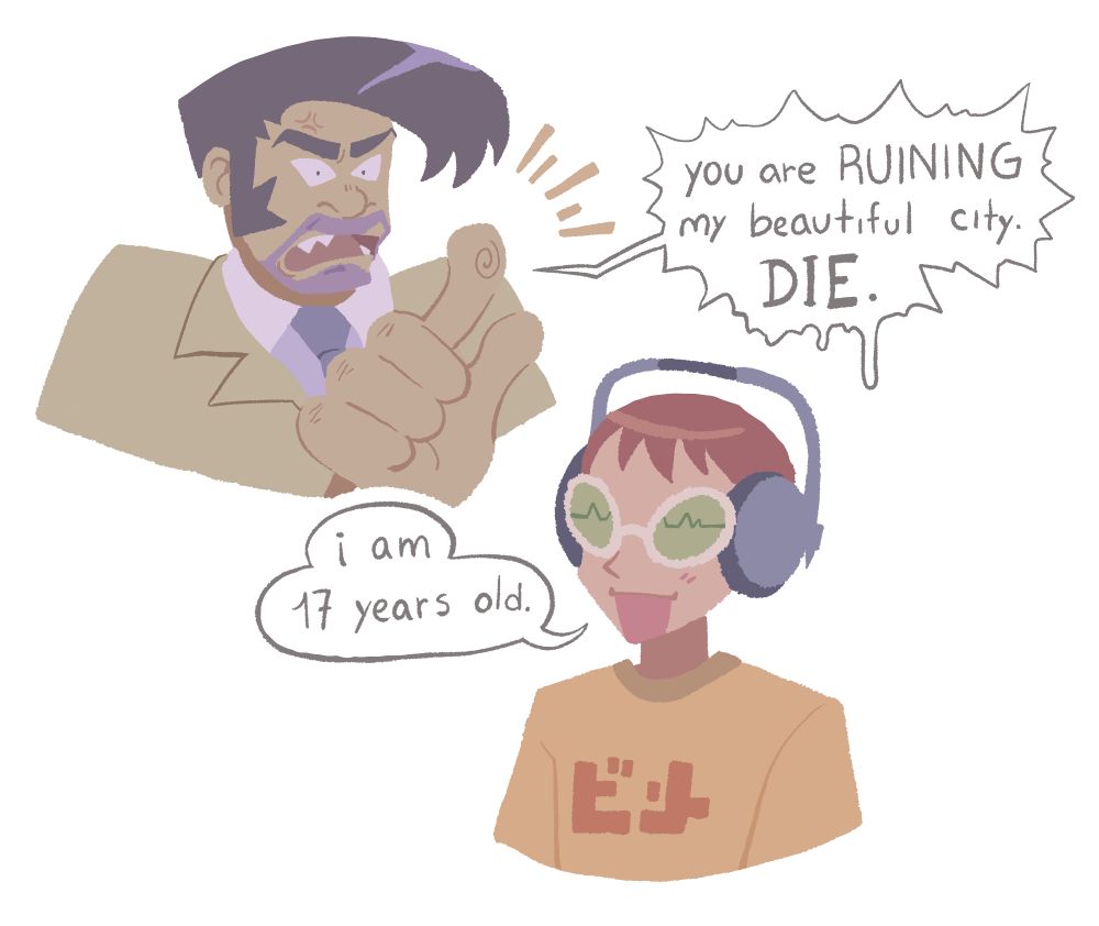 digital jet set radio fanart referencing JAYnder's madoka magica comic. it shows onishima aggressively pointing at beat and yelling at him, 'you are RUINING my beautiful city. DIE.' beat is smiling and responds with 'i am 17 years old.'