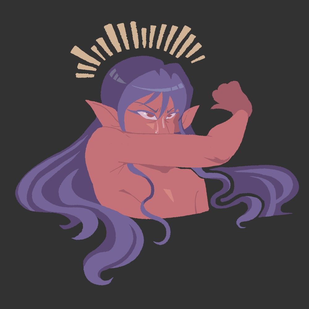 digital fanart of claude, an original character of the poster, referencing the fallen angel painting. he is an elf with long, flowy purple hair, dark skin and red eyes. 