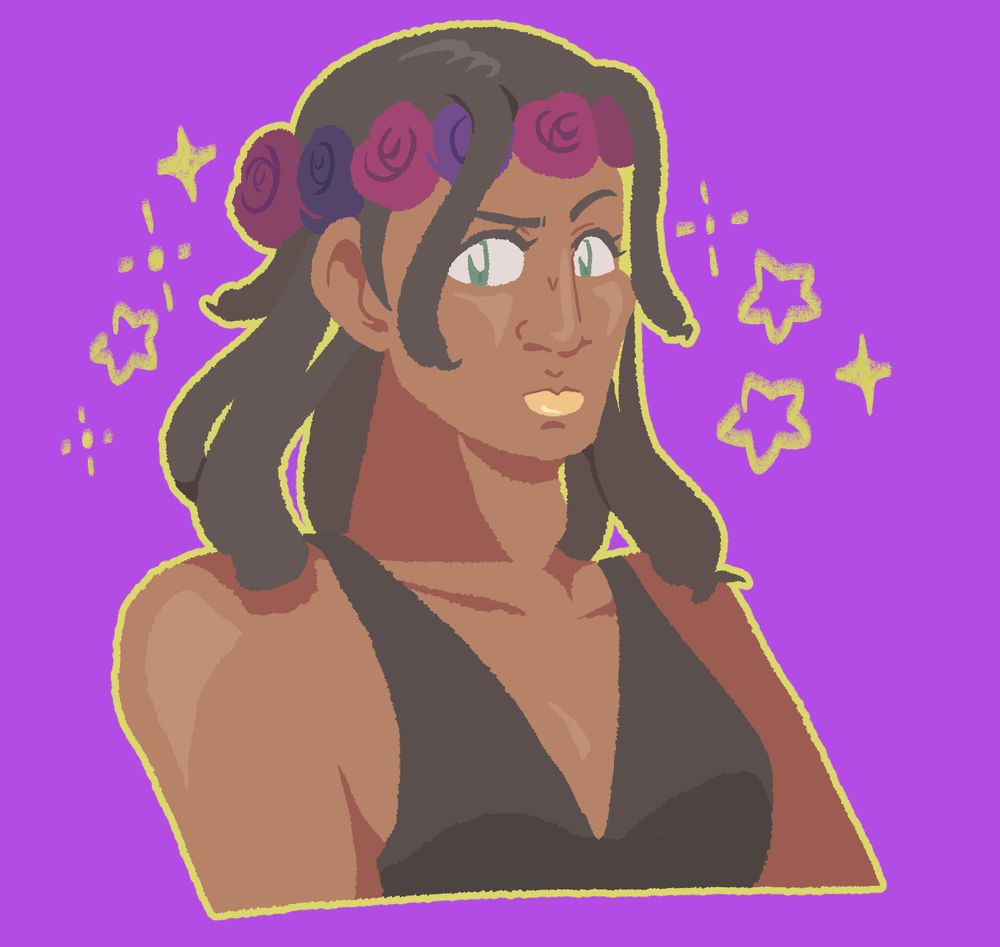 digital fanart of dragona joestar from jojo's bizarre adventure from the chest up. she a raised eyebrow. there are sparkles and stars around her. 
