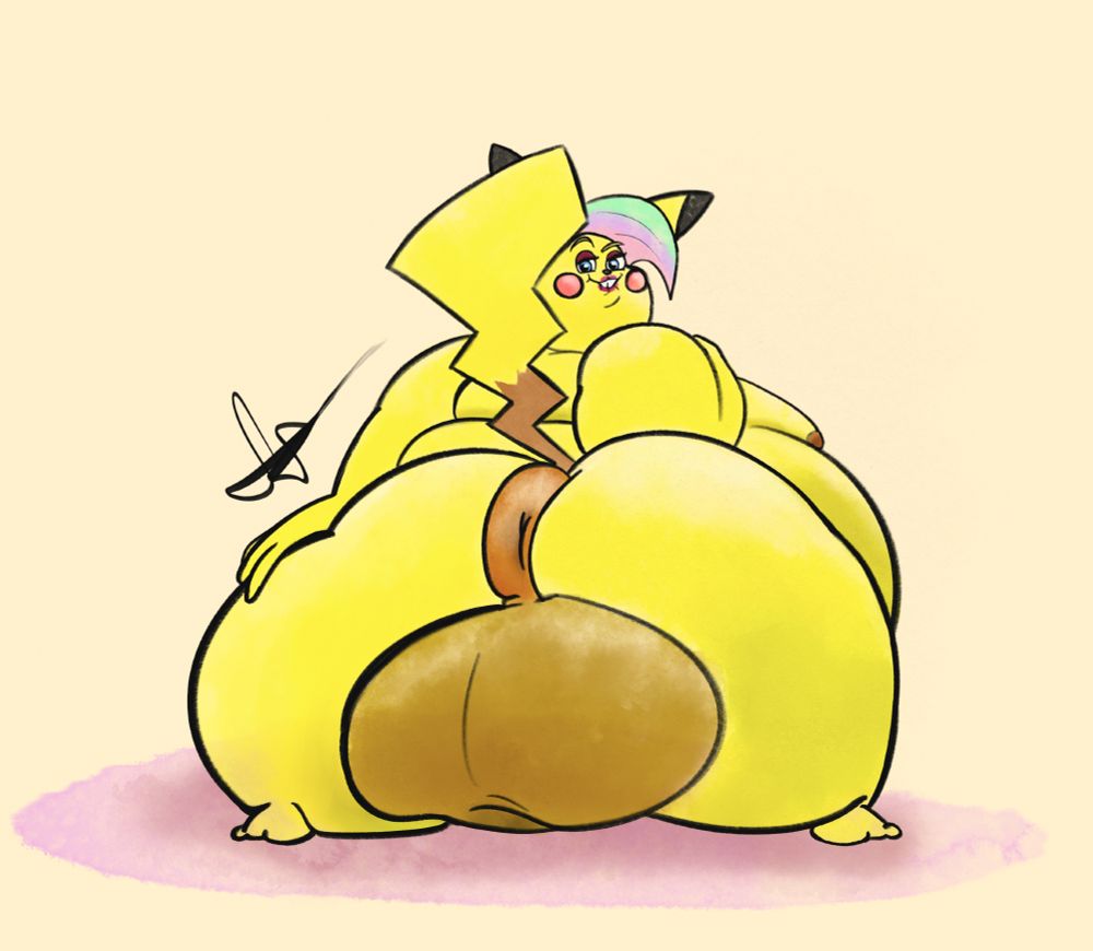 A nude, very obese and androgynous Pikachu flirtatiously presents their behind to the viewer by spreading their cheeks. They lift their tail to reveal a protruding donut sat atop impressively sized testicles.