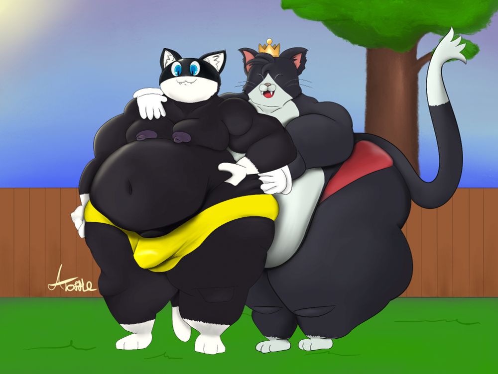 Two very fat cats, Morgana (left, also has plenty of muscle) and Cait Sith (right, the flabbier of the two), strike a post for an off-screen camera. The only clothing besides their headwear are their briefs. Mona has a very impressive bulge protruding.