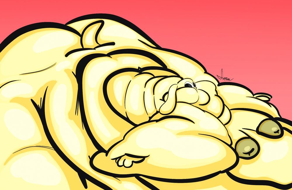 A corpulent display from Chikn Nuggit. He is superbly fat and has become a pile of chonk. He has many neck rolls, blobby limbs, a sizable belly, protruding nipples from his flabby moons, impressive cheeks and an immense butt.