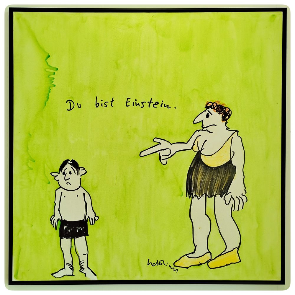 Das Foto zeigt das Likörell auf Leinwand "Du bist Einstein III" von Udo Lindenberg aus seiner Serie "Wir sind Deutschland" aus dem Jahr 1999. Die Leinwand hat die quadratischen Maße 150 cm x 150 cm.
Vor grünem Hintergrund zeigt es auf der linken Bildhälfte einen oberkörperfreien Jungen mit abstehenden Ohren und in schwarzen kurzen Hosen und auf der rechten Bildhälfte eine Frau mit lockigen Kurzhaarschnitt in kurzen Kleid und gelben Schuhen, die mit dem Finger ihrer rechten Hand auf den Jungen zeigt. In der Bildmitte steht eigenhändig geschrieben "Du bist Einstein."
Links der gelben Schuhe befindet sich die Signatur Udo Lindenberg. 