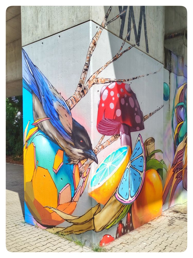 Mural street art at Stuttgart-Zuffenhausen railway station by internationally renowned urban art and graffiti artist Jeroo (aka Chris Ganter) 