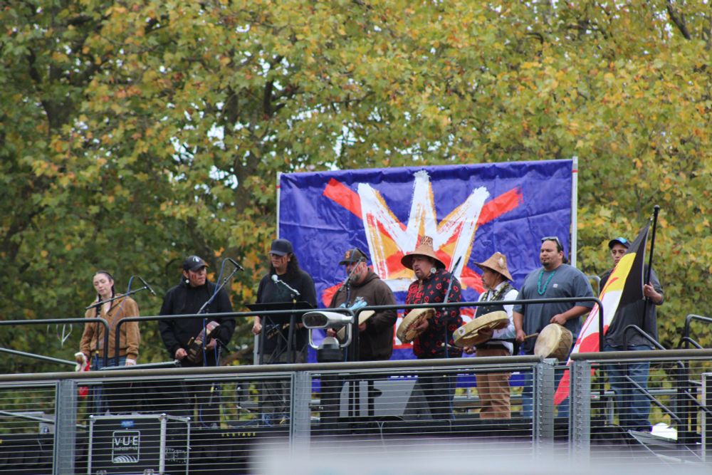 Muckleshoot tribal leaders opening the rally at Seattle Center