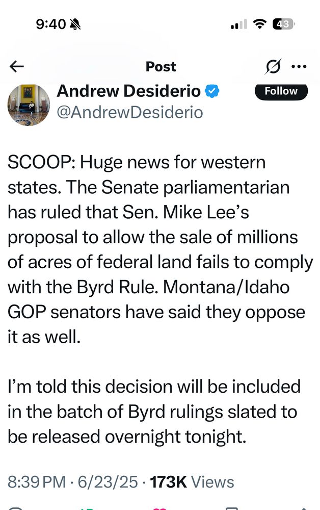 X post saying Senators Lee’s public land sale doesn’t comply with the Byrd Rule (thus cannot be included)