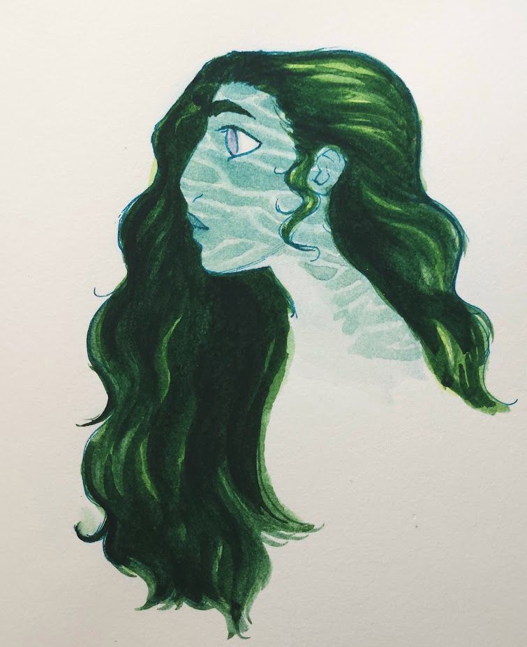 a watercolor portrait of Elyss, a water genasi woman, in profile. she has pale sea green skin with light ripple-like markings, and long, wavy, dark green hair.