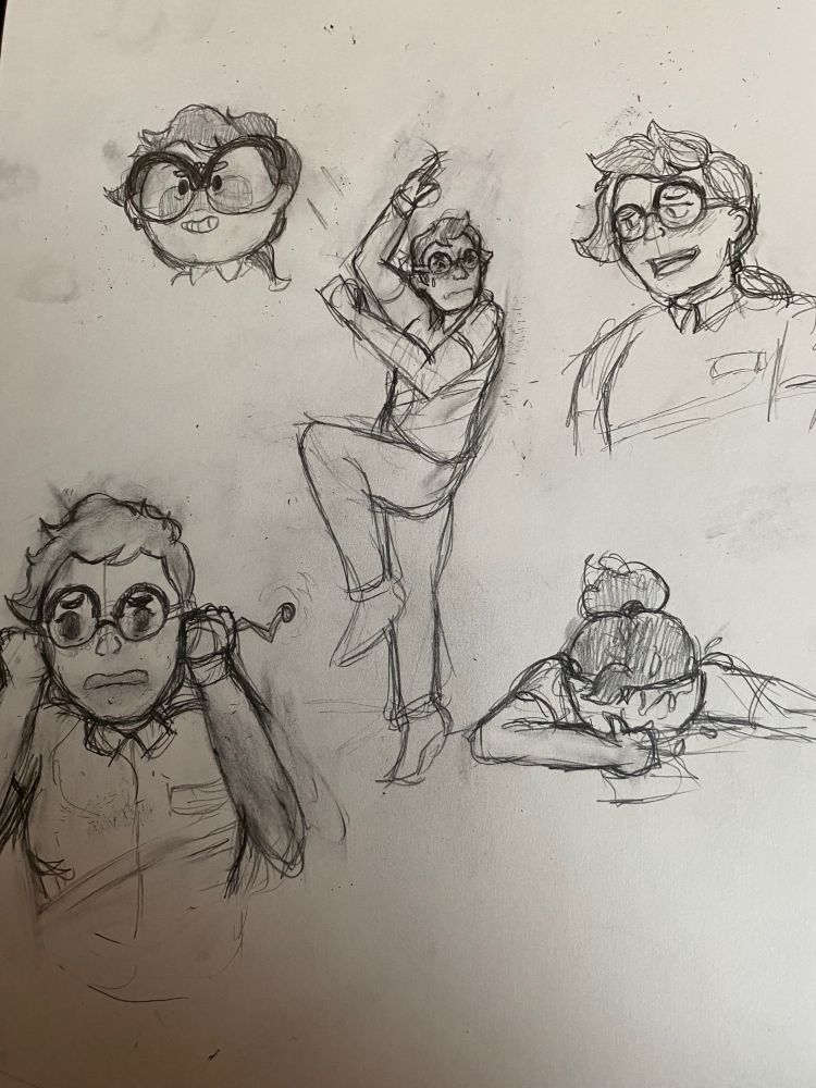 Several sketches of DeepBlueInk’s character Immy from “Deep Space Discount”