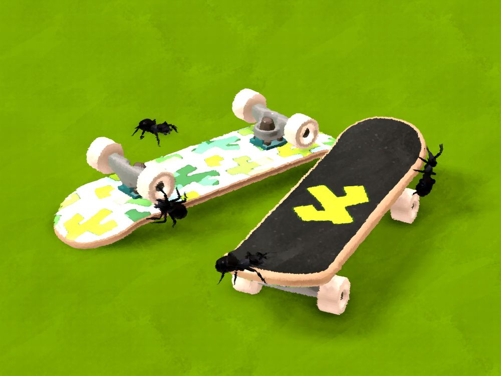 A composition of two tech deck mini skateboards, one flipped over. Both have a cactus design and ants crawling all over them. On a lime green background.