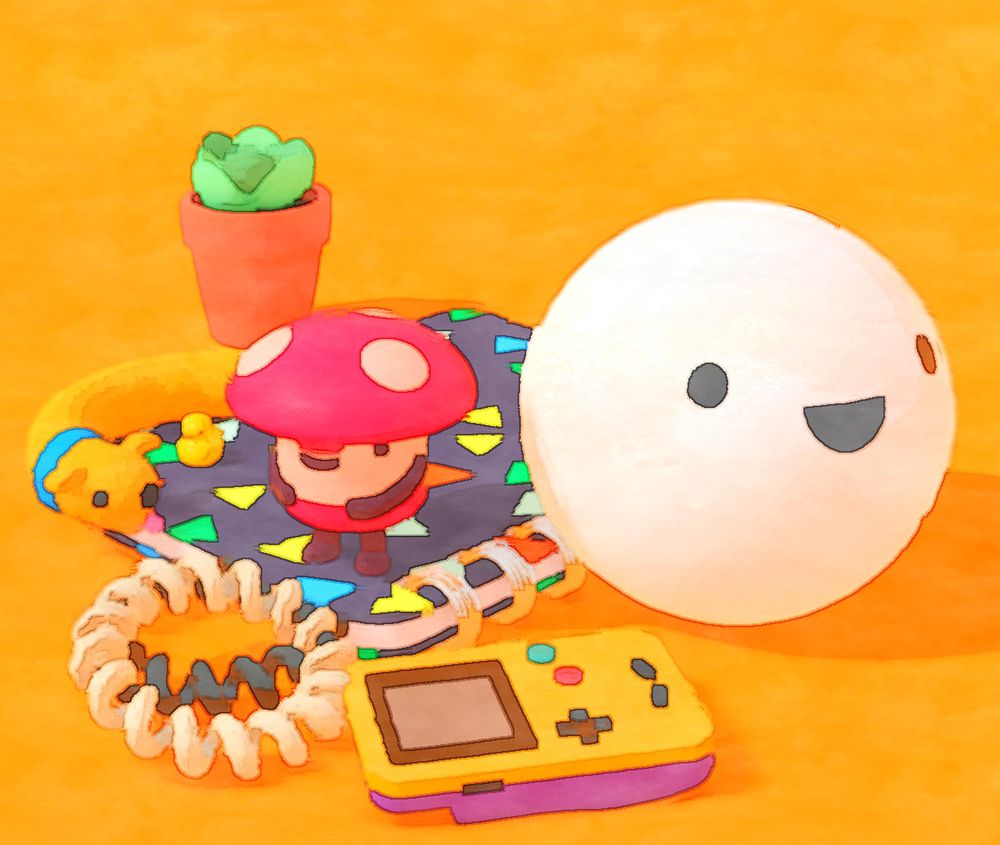 A painterly composition with a mushroom person, glorb, gameboy, bangles, phog, succulent, tiny duck some of which are on a notebook. On an orange background