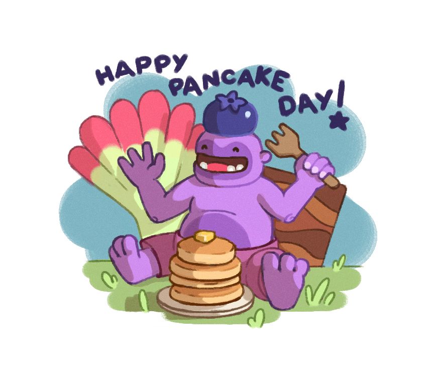 A farmer from phogs (they have purple skin, a round belly and big hands/feet with only 3 toes/fingers) with a very happy face and a blueberry for a hat, away to tuck into a giant stack of pancakes sitting on the ground in front of them. There's green grass and a pink and green leafy vegetables plant behind them as well as a brown wavey patterned wall.