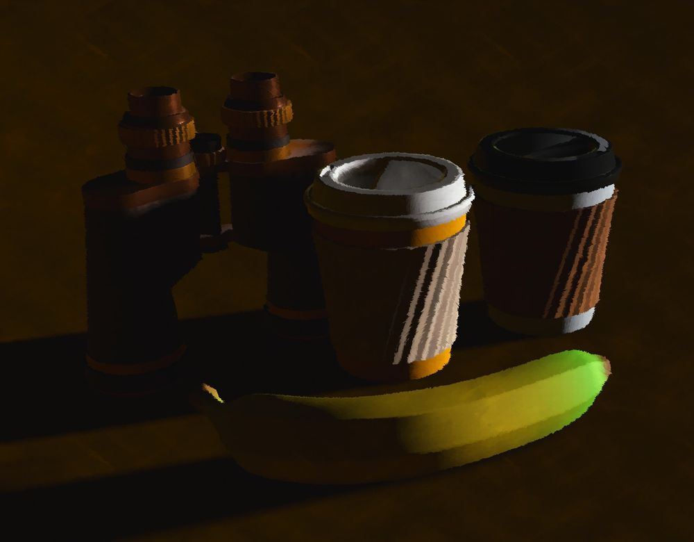 A composition with two takeaway cups alongside a banana and a pair of binoculars in earthy, chalky tones.