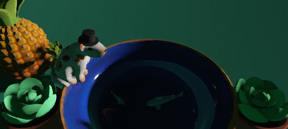 A white and brown spotted dog wearing a tophat sits on the side of a bowl of sharks, with a green background