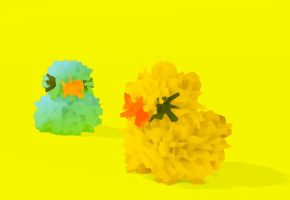 A yellow and blue rubber duck on a yellow background in an expressionist style