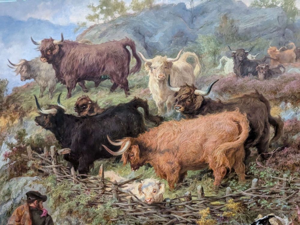 A crop of an old realistic traditional painting featuring many fluffy horned cows in different shades of brown/black/white