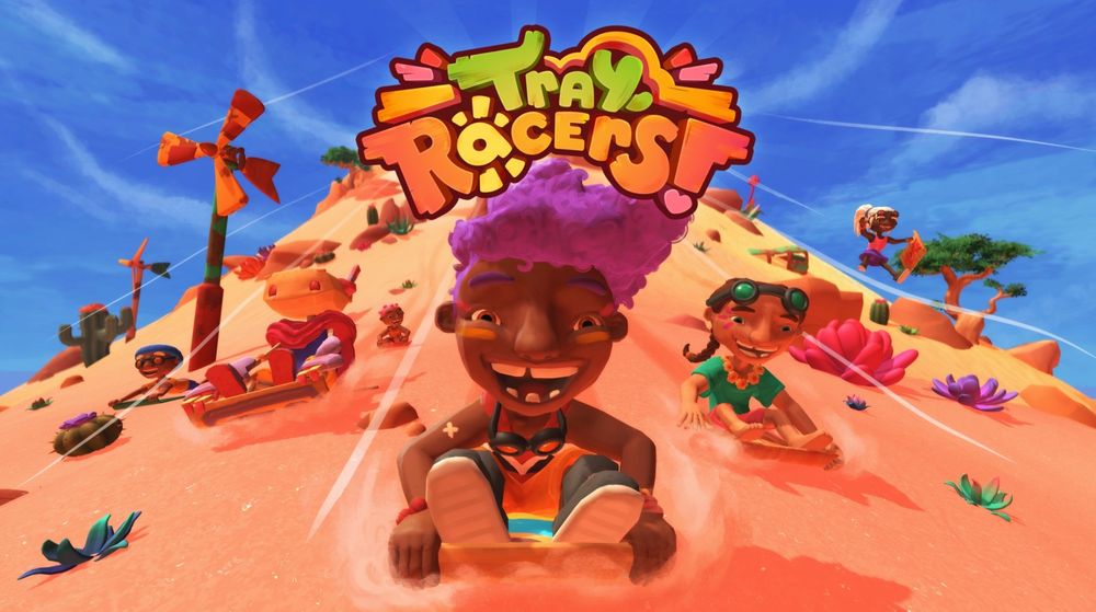 Key art for the video game Tray Racers! a group of kids and robots are riding fast down a sand dune on trays. There's cactuses, trees and wind generators about the place. A colourful logo sits at the top centre.