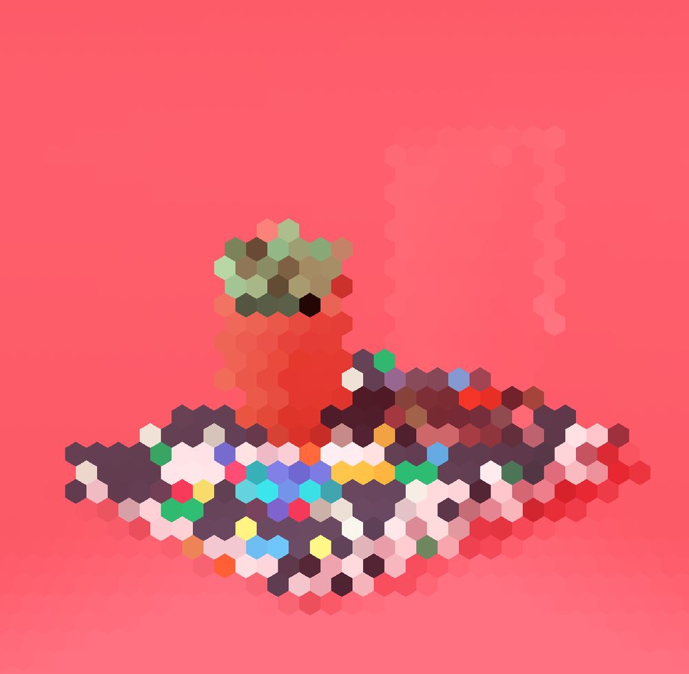 A hexagon mosaic of a succulent plant in a little teracotta pot resting on a colourful notebook with a pinkish red background.