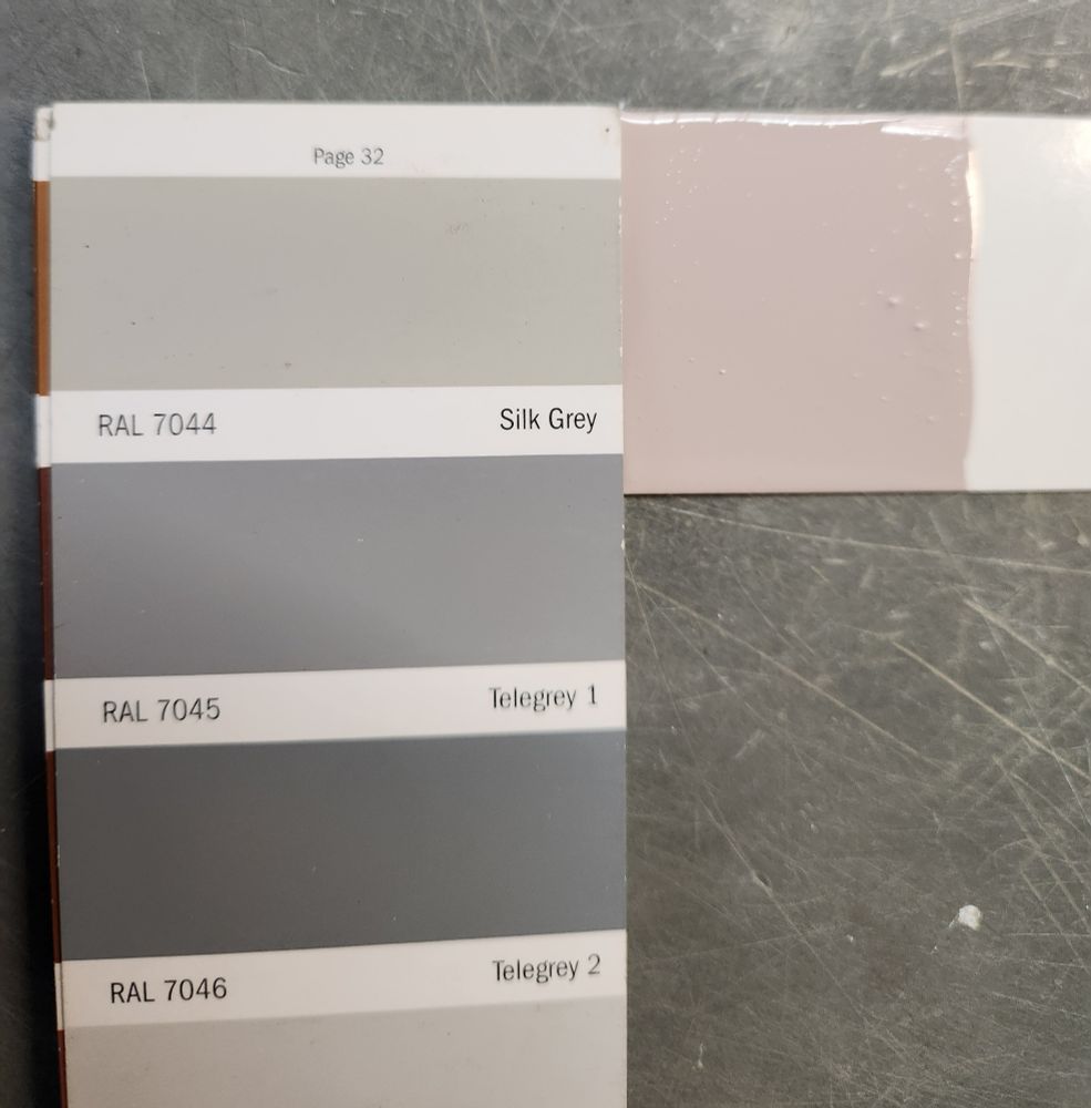 A paint fan deck showing the colour RAL 7044 Silk Grey with a paint sample beside it that is pink. Whoops. 