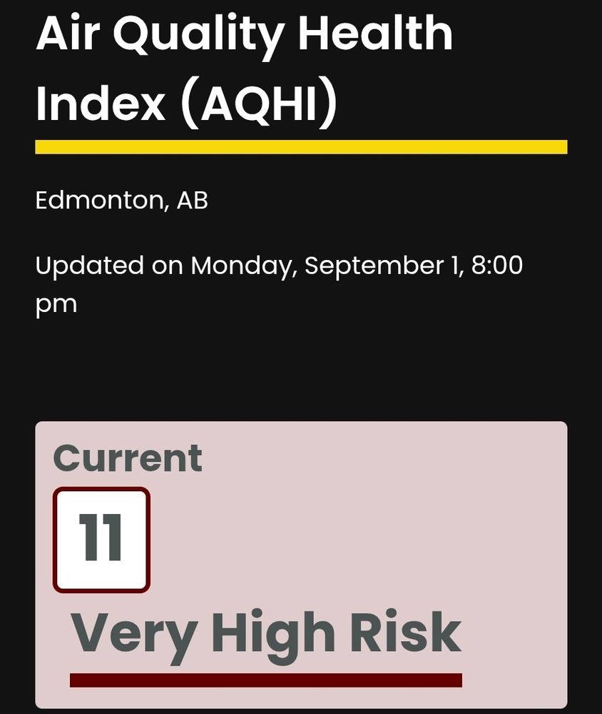 Air Quality Index showing an 11 value which is very high risk. 