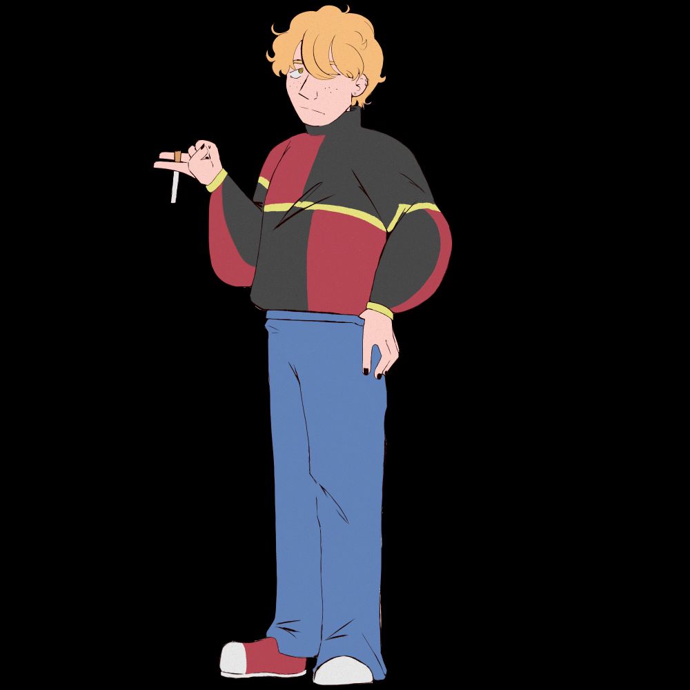 My OC, Clyde (blonde man with green eyes, piercings, and freckles), standing with a bored look on his face and a cigarette in hand.