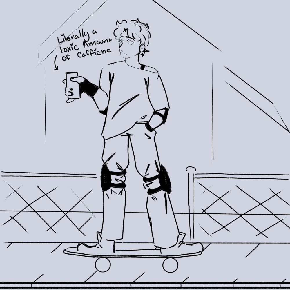black and white sketch of a character (Jamie) on a skateboard. He has an energy drink in hand labelled "literally a toxic amount of caffeine" 
