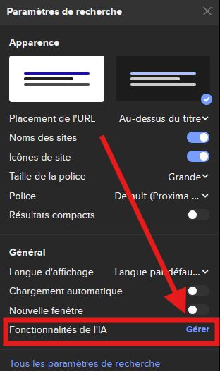 Dans les options, il faut aller tout en bas pour trouver "fonctionnalités de l'IA" et cliquer sur "gérer".