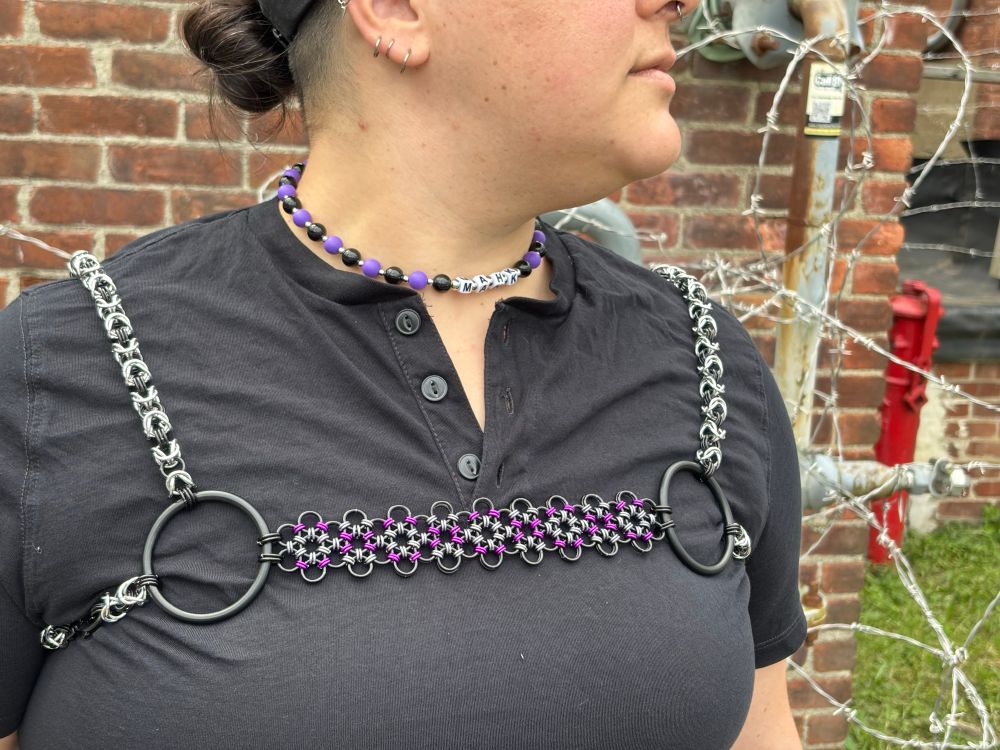 Mahk facing forward wearing a chainmail harness; the center strap is a black-grey-purple hexagonal grid, and the straps are silver and black byzantine chains. There’s barbed wire behind them which is kinda metal