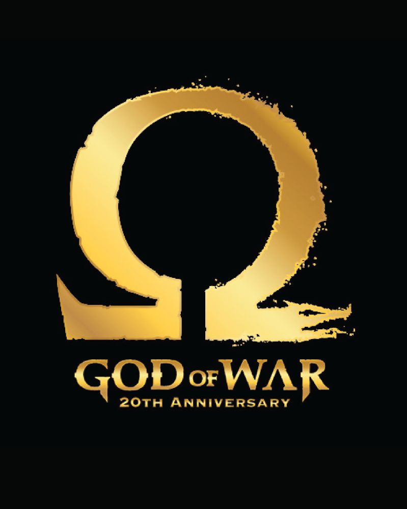 A combined logo featuring the symbols from the Greek and Norse God of War games in gold. In the shape of a Greek omega, the left half of the symbol is the omega from the original God of War games. The right half of the symbol transforms into the Norse Jormungandr.

Below the symbol in gold text reads ‘God of War 20th Anniversary.’