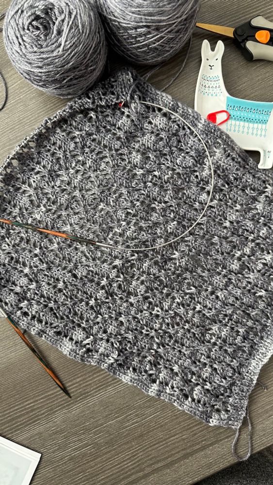 A portion of knitted lace in gray yarn. 